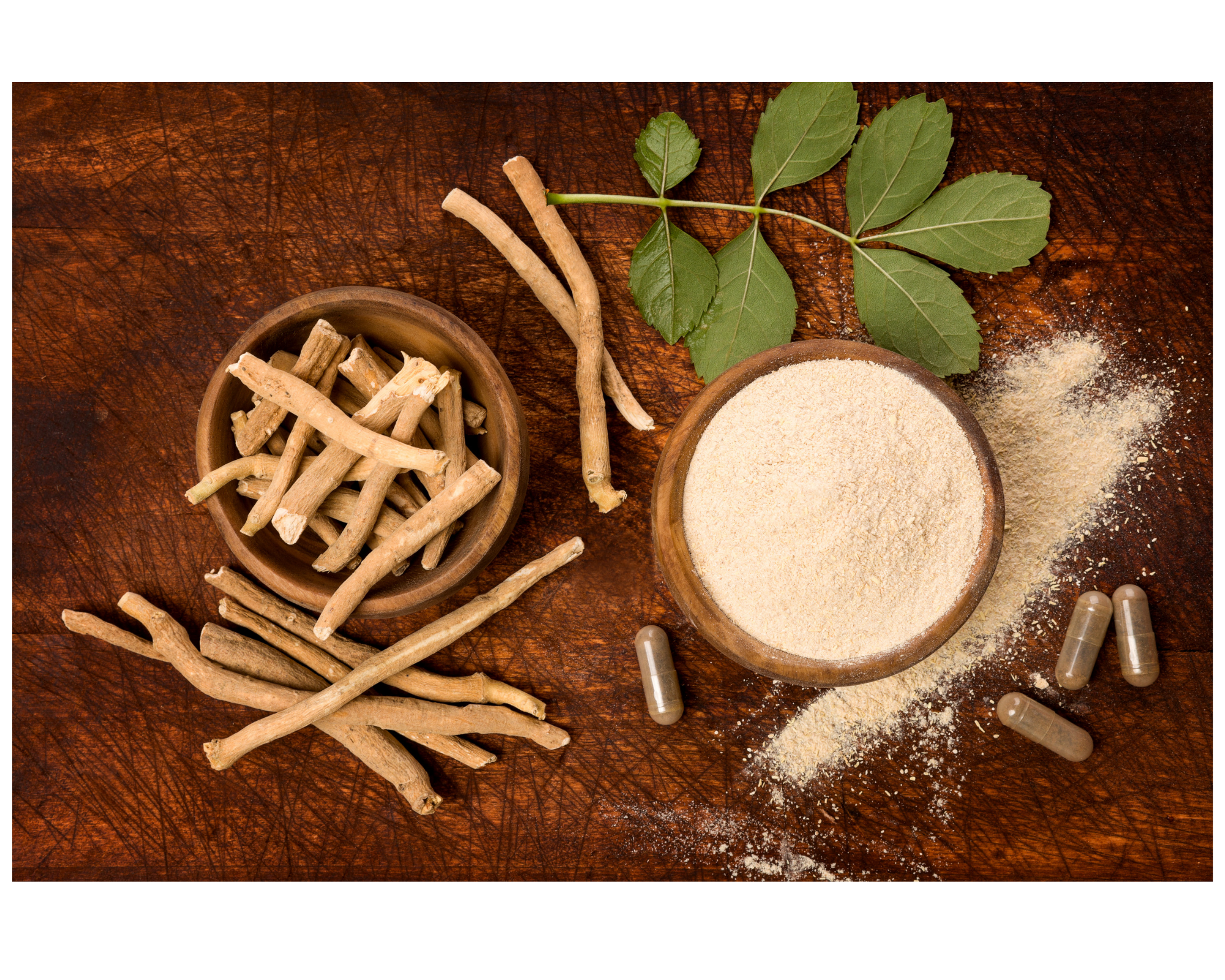 Ashwagandha in three forms, originally bare root, powder and capsules.